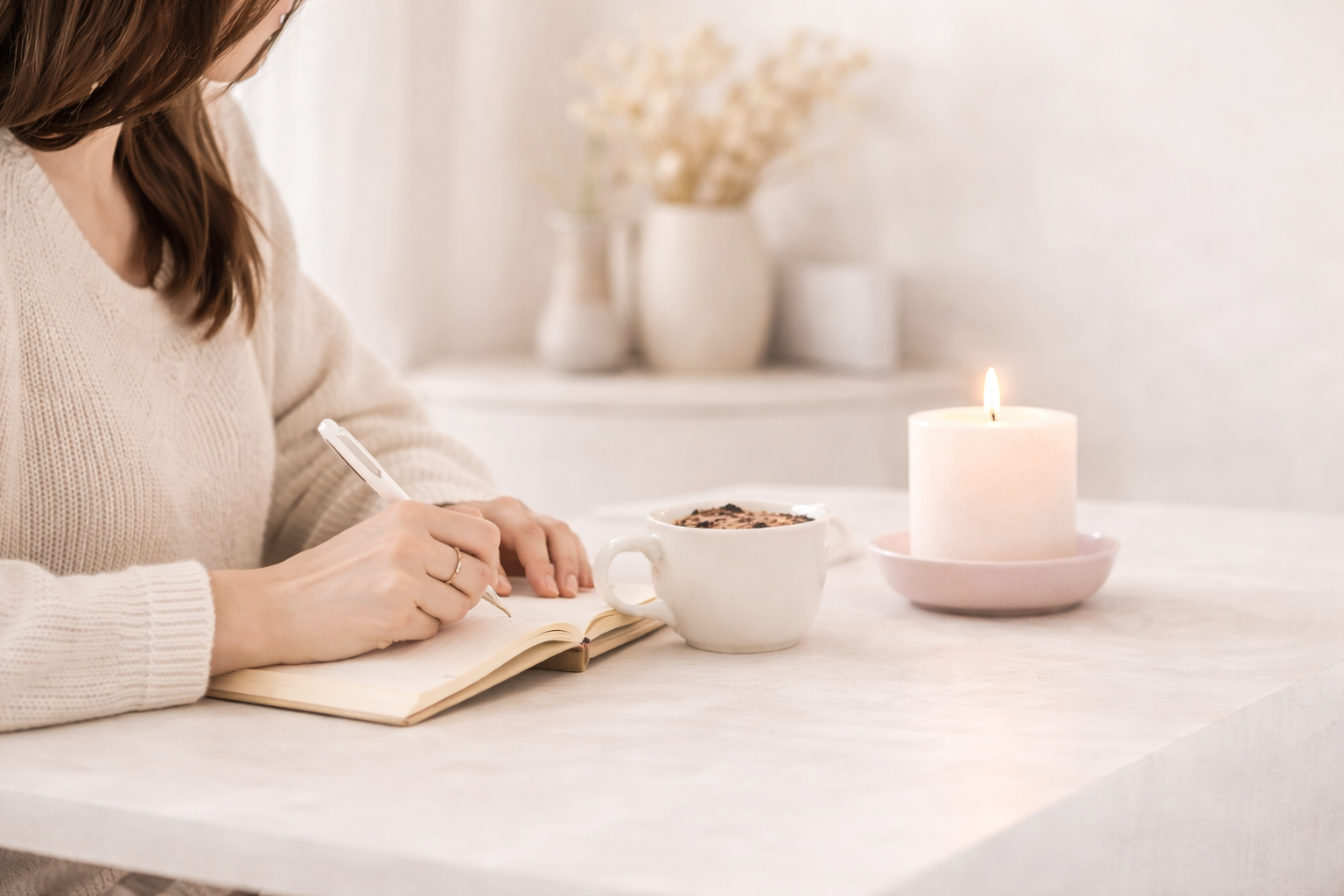 Journaling moment with candle and tea
