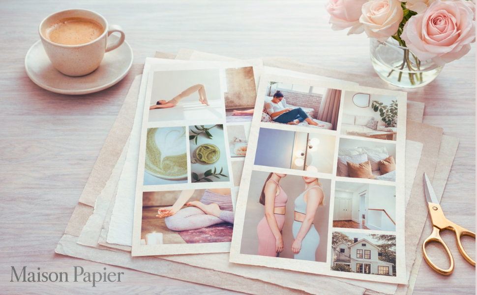 Page spreads laid on linen with pale roses